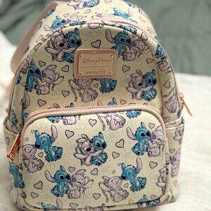 🎒 Disney Parks Loungefly Stitch & Angel Mini Backpack – Pastel Hearts Print
